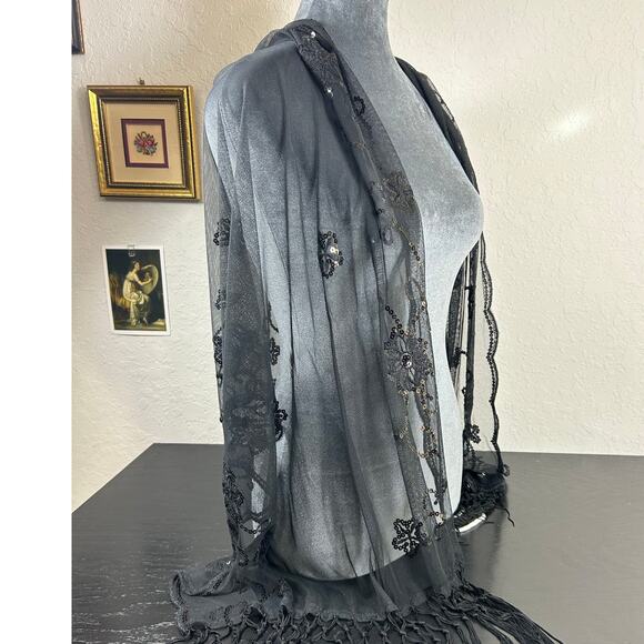 Whimsygoth- Black Semi Sheer Shawl- Tassel- sequin floral design- preowned - Picture 4 of 8